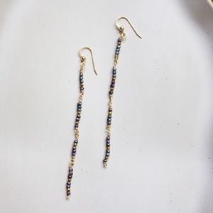 Gold Fill Link Black Pearl & Gold Pyrite Thread Earrings